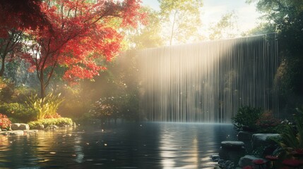 Peaceful sunlit waterfall with autumn foliage and tranquil pond in serene landscape scene
