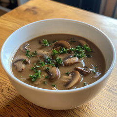 a bowl of thick mushroom soup with sliced ​​button mushrooms and fresh herbs, perhaps parsley.  