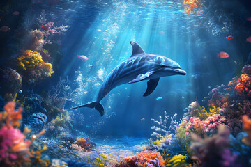 Fototapeta premium Dolphin in water illustration, dolphin in ocean, dolphin in sea, ocean life, ocean animals, sea animals, dolphin art, dolphin illustration, ocean wildlife, sea life, underwater world 