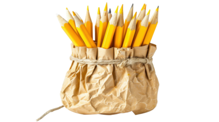 Bunch of pencils wrapped in brown paper bag on transparent background