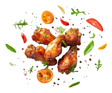 Crispy wings with fresh herbs and veggies isolated on transparent background