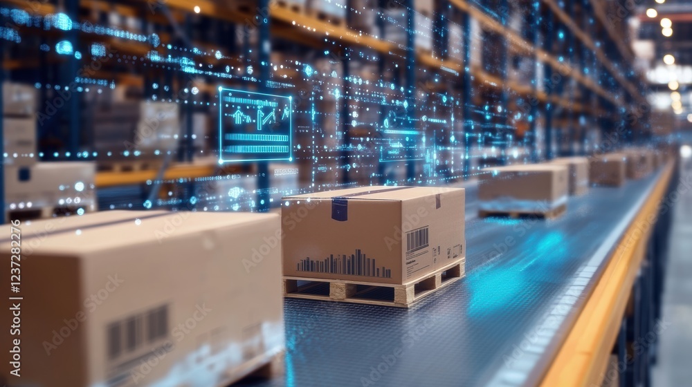 Poster cardboard boxes moving on conveyor belt in automated warehouse using innovative shipping system with