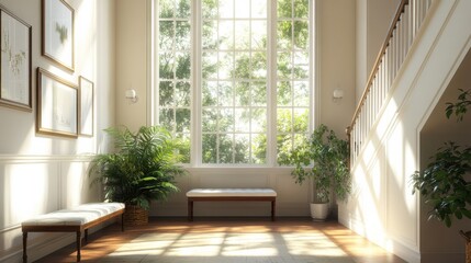 Fototapeta premium Sunlit interior with large windows, potted plants, and wooden benches