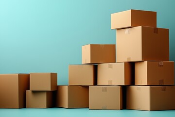 Fototapeta premium A neatly stacked pile of cardboard boxes sealed with tape, set against a pastel blue background.