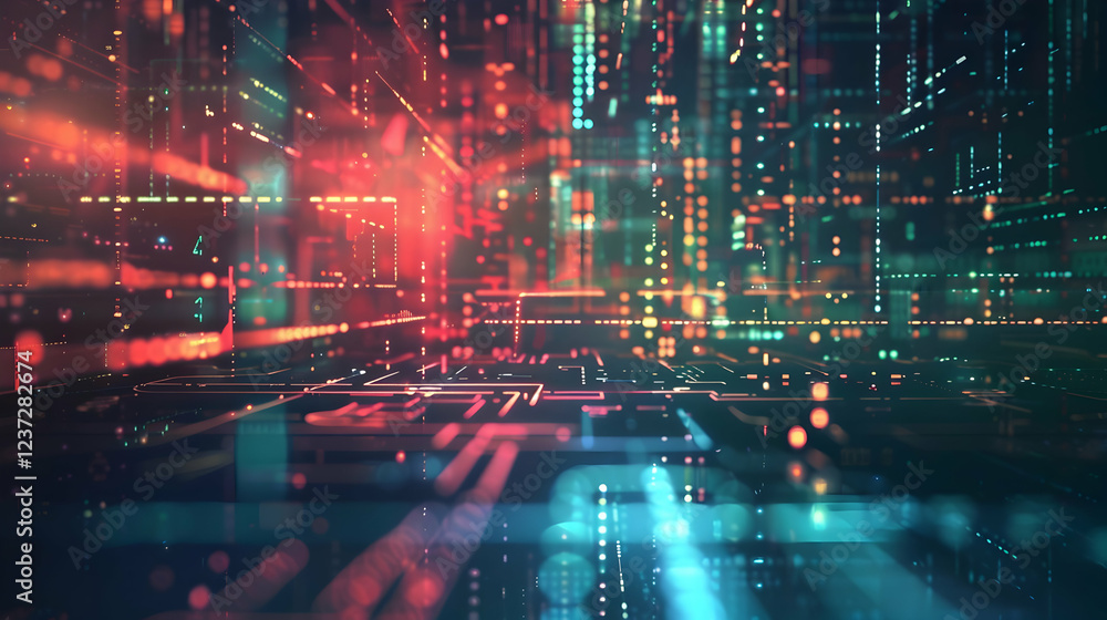 Aufkleber abstract digital landscape with glowing lines and particles, representing technology and data.