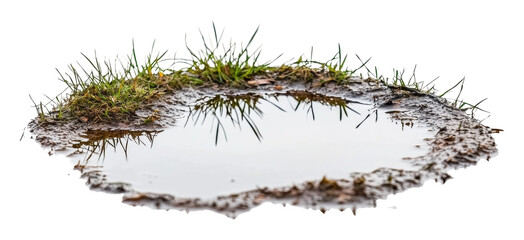 Water collected in a muddy area with grass edges isolated on transparent background