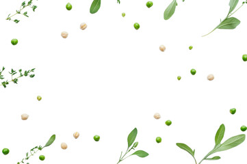 Fresh herbs and peas scattered on white background isolated on transparent background