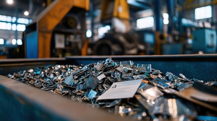 Obraz premium Metal scraps pile up in a container within a factory, showcasing the byproduct of an innovative production process involving metalworking machinery