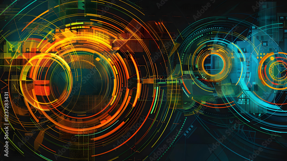 Aufkleber abstract digital design featuring vibrant circular patterns and futuristic elements.