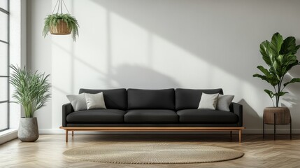 Modern living room with black sofa and indoor plants in sunlit space