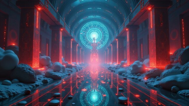 A futuristic digital temple with cryptic symbols, vibrant colors, and geometric patterns amidst a neon-lit cityscape backdrop.