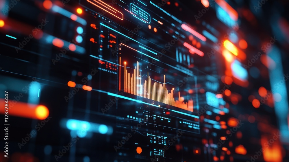 Poster futuristic control panel displaying real time production data analysis with glowing graphs and indic