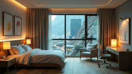 A futuristic cityscape with sleek, curved buildings and brain-like structures, featuring bedrooms with neural network-inspired decor.