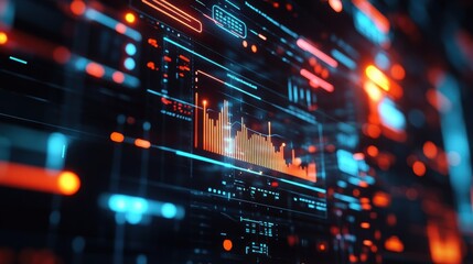 Futuristic control panel displaying real time production data analysis with glowing graphs and indicators, highlighting innovative technology in industrial monitoring