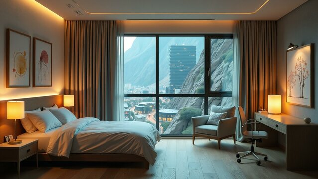 A futuristic cityscape with sleek, curved buildings and brain-like structures, featuring bedrooms with neural network-inspired decor.