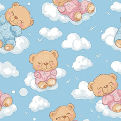 Seamless baby bear pattern with clouds on blue background