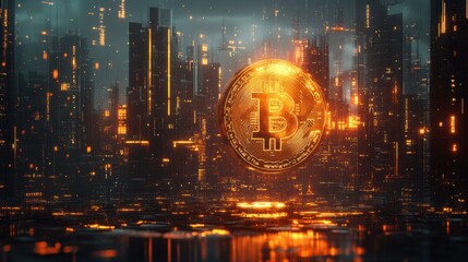 Glowing bitcoin coin in futuristic cityscape with digital lights at night