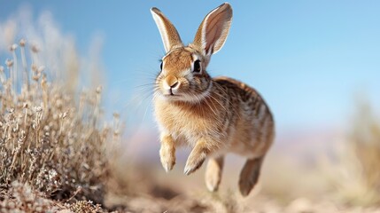 Obraz premium Desert rabbit leaping, plants background, nature wildlife