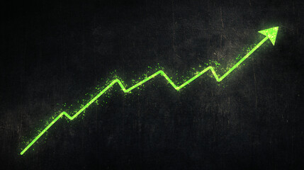 Naklejka premium A glowing green zigzag line with an upward arrow drawn on a dark chalkboard representing financial growth and positive trends 