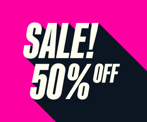 Sale promotion banner 50 percent off with long 3D shadow flat design vector illustration.