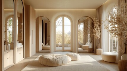 Fototapeta premium Elegant minimalist living room with arched windows and neutral decor