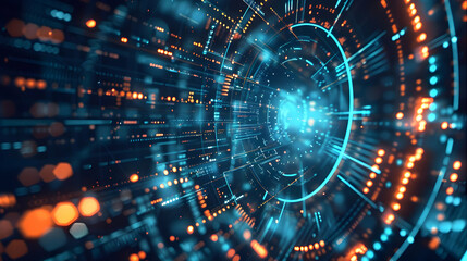 Abstract digital tunnel with glowing particles and lines, representing data flow and technology.