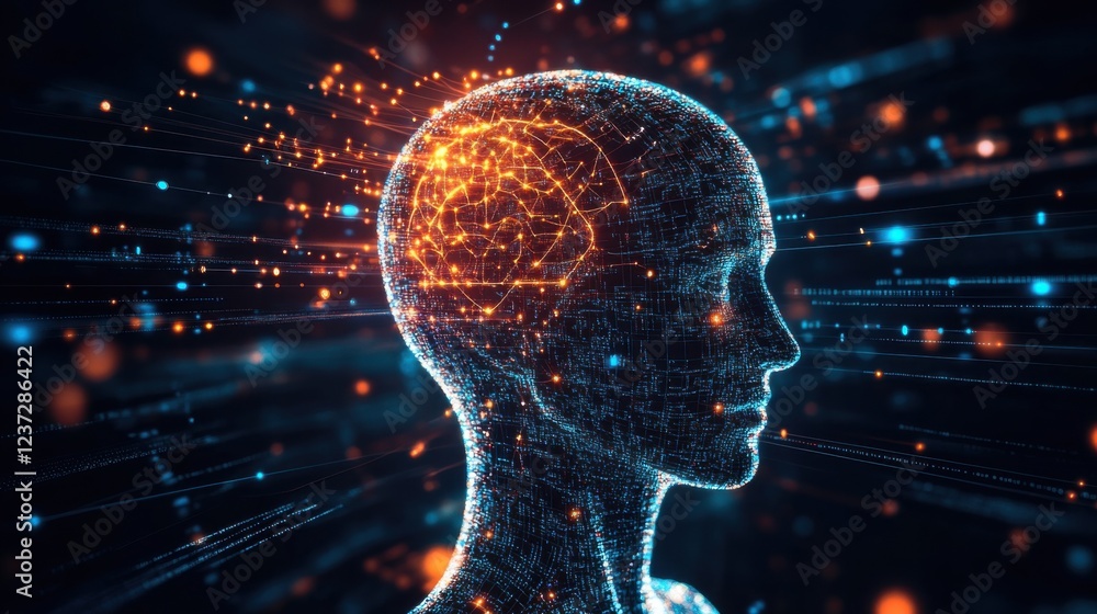 Poster digital human brain visualization with neural network connections and glowing particles