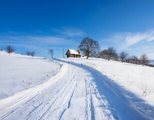 Obraz premium Wooden Cabin and Snow-Covered Road in Winter Landscape