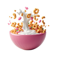 Fluffy 3D Cartoon Bowl of Cereal with Floating Milk Isolated on Transparent Background