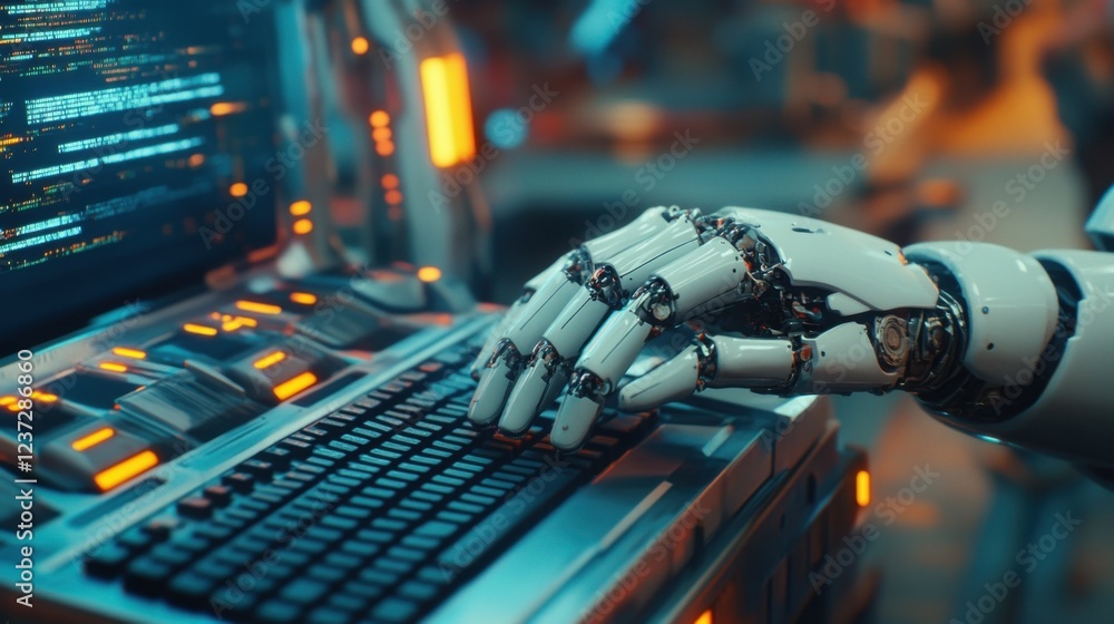 Aufkleber futuristic robot typing on keyboard in high-tech environment with orange lights