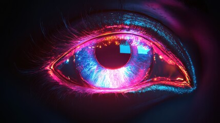 Neon-glowing human eye close-up with futuristic blue and pink light effects in darkness