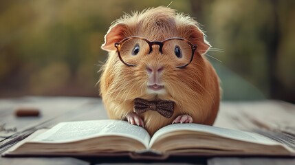 Charming Guinea Pig in Glasses and Bow Tie, Sitting Beside an Open Book Like a Scholar