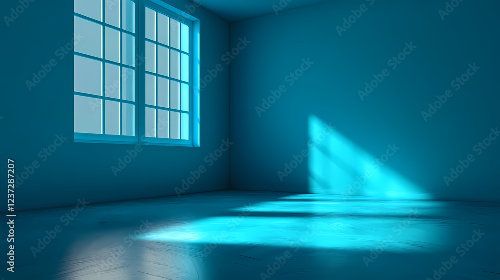 Wall mural 3d rendering of a blue neon light background with an empty room interior. Luminous Shadows. Illustration