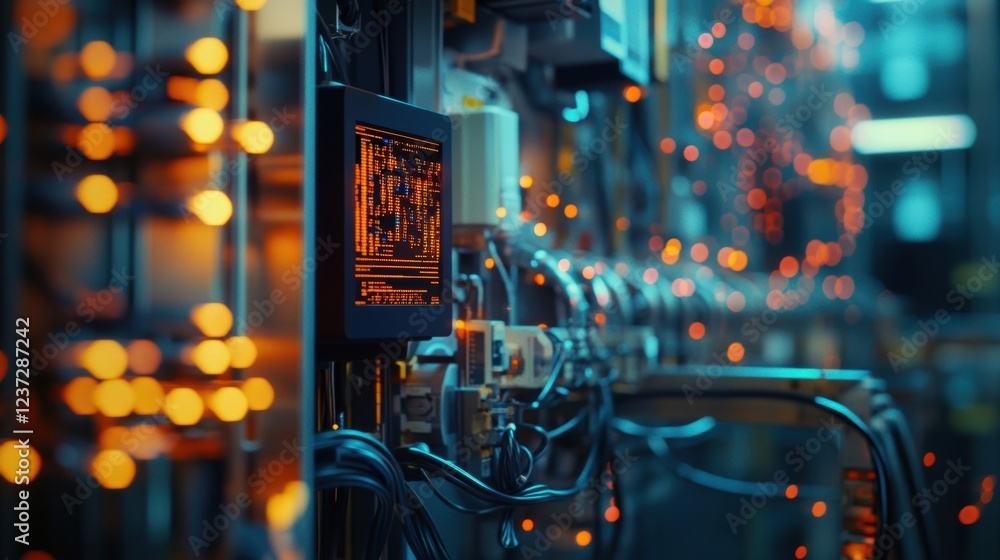 Poster innovative industrial production line monitoring system displaying real time data and key performanc