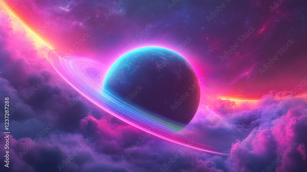 Poster vibrant ringed planet in colorful nebula with pink and purple clouds in deep space setting