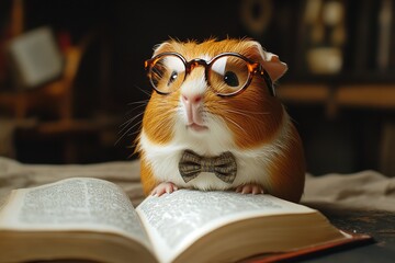 Charming Guinea Pig in Glasses and Bow Tie, Sitting Beside an Open Book Like a Scholar