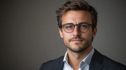 Confident young man in glasses posing indoors in formal attire against gray background