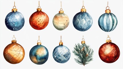 Watercolor christmas ornaments and pine branch: festive holiday decorations in blue and red