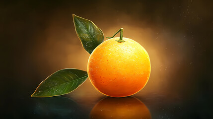 A luminous orange glows against a dark background; green leaf accents this realistic citrus still life clip art. Luminous Shadows. Illustration