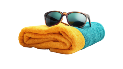 Sunglasses resting on a vibrant beach towel on transparent background