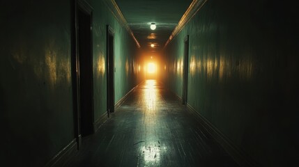 Mysterious dimly lit hallway with doors and glowing light at the end