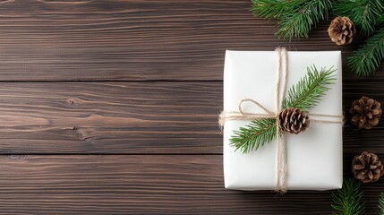 Rustic Christmas gift, pine, wood background