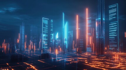 Economic boom, futuristic city with profit charts, 3D illustration. 