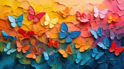 Vibrant multicolored butterflies in motion on textured abstract background