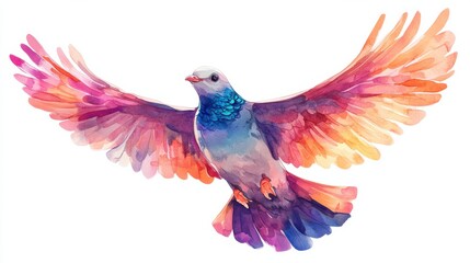 Obraz premium Colorful watercolor pigeon in flight with vibrant wings spread wide against white background