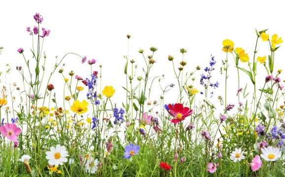 Colorful wildflowers blooming in a sunny meadow isolated on transparent background