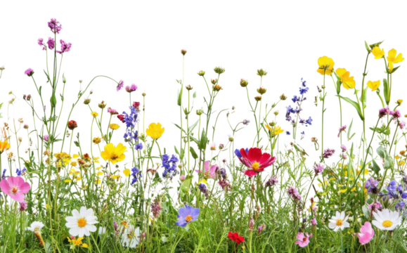 Colorful wildflowers blooming in a sunny meadow isolated on transparent background