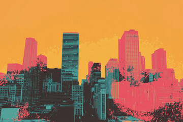 Vibrant Urban Skyline with Abstract Colors and Bold Textures