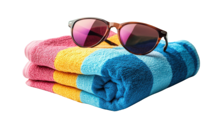 Rolled beach towel with sunglasses on transparent background