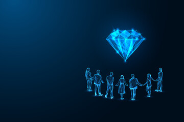 Corporate values, teamwork and leadership concept with team of people holding hands under diamond